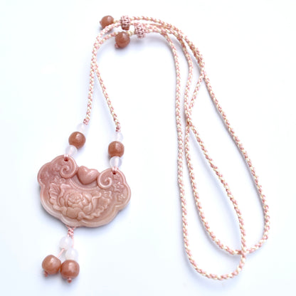 Colorful Peony Lock Pendant Rope Necklace - Quartz Jade Crystal Pendant