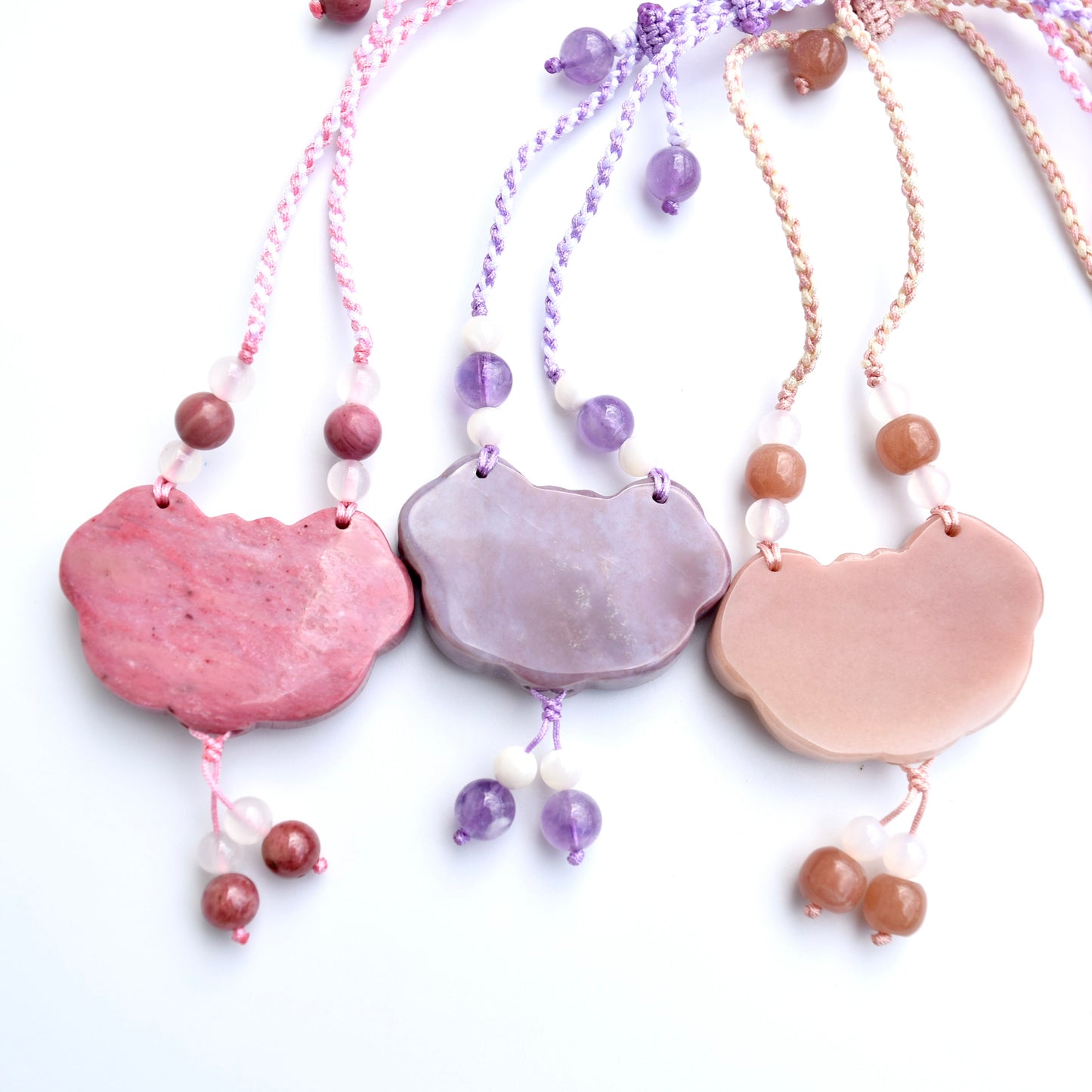 Colorful Peony Lock Pendant Rope Necklace - Quartz Jade Crystal Pendant