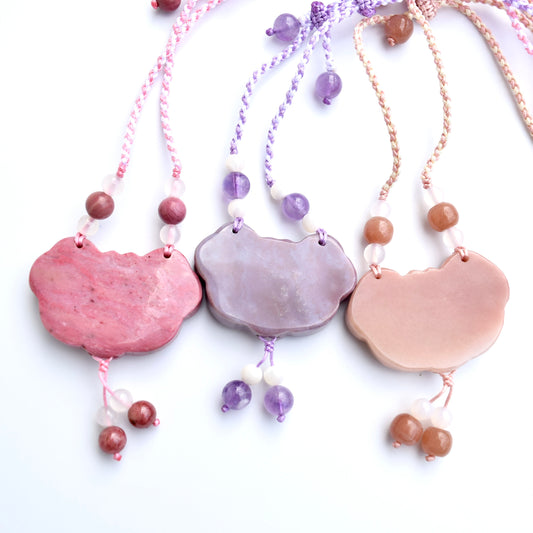 Colorful Peony Lock Pendant Rope Necklace - Quartz Jade Crystal Pendant