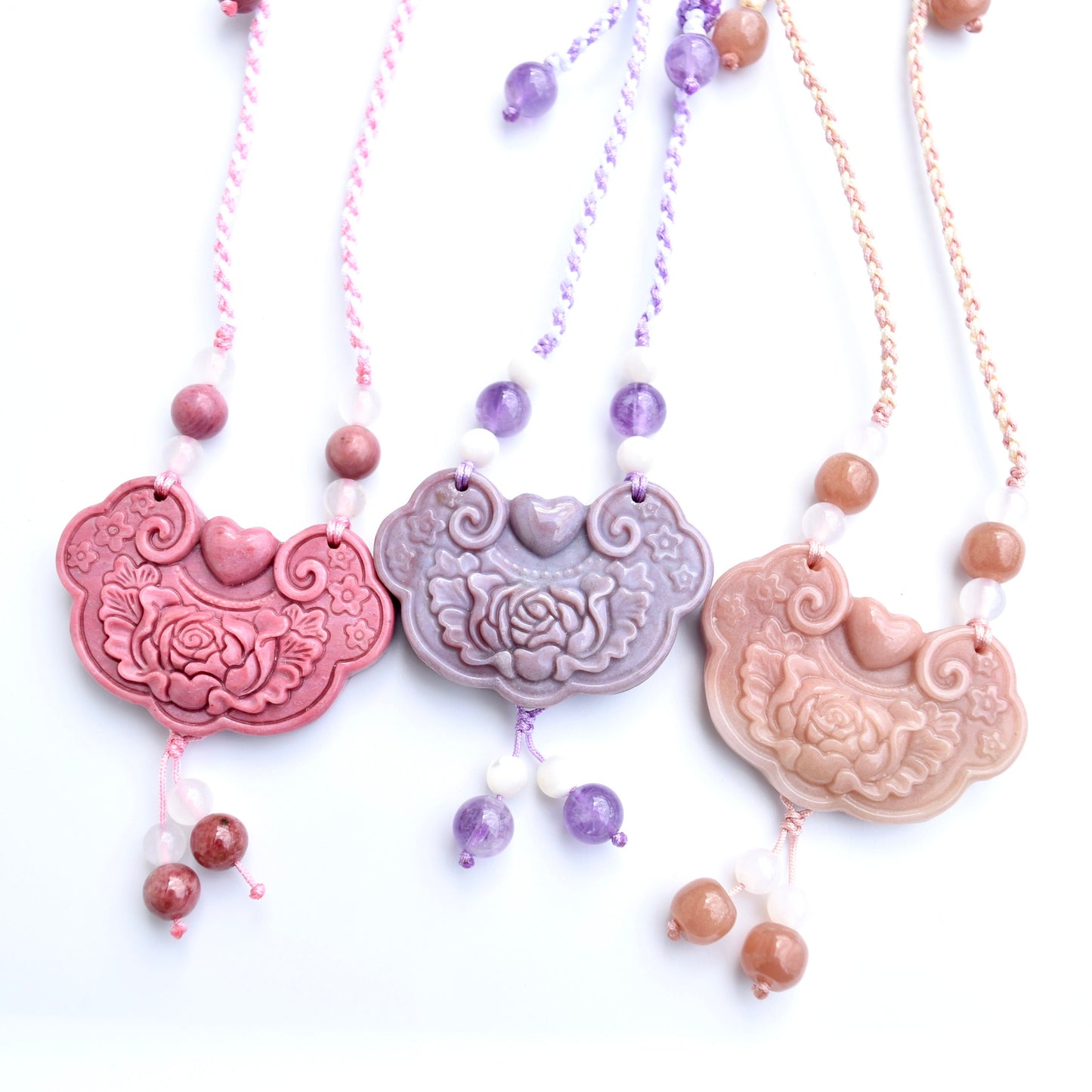 Colorful Peony Lock Pendant Rope Necklace - Quartz Jade Crystal Pendant