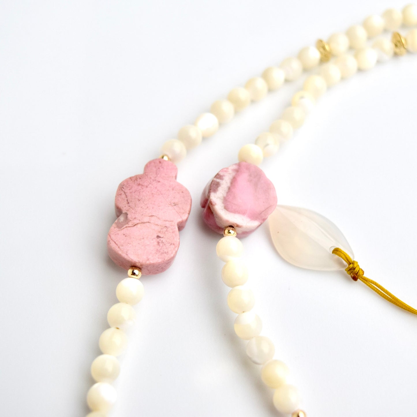Rhodonite Fan Pendant Necklace: Chinese Peony, Beaded Cord