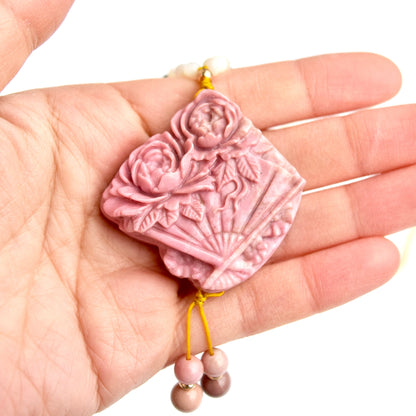 Rhodonite Fan Pendant Necklace: Chinese Peony, Beaded Cord