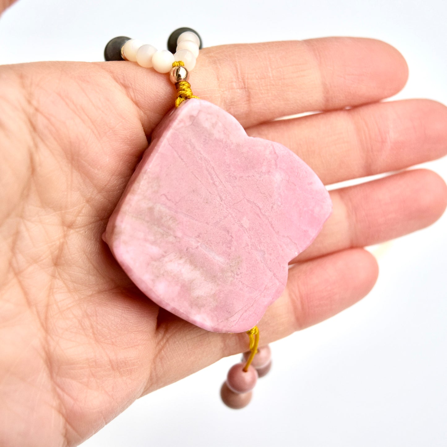 Rhodonite Fan Pendant Necklace: Chinese Peony, Beaded Cord