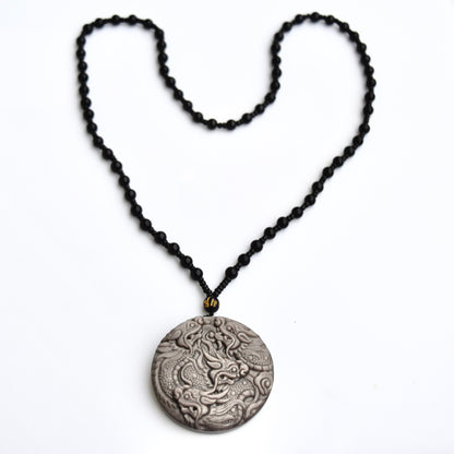 Silver Obsidian Dragon Pendant Necklace - Chinese Zodiac Beaded Necklace