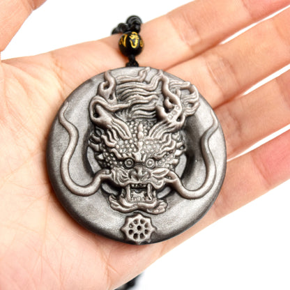 Silver Obsidian Dragon Pendant Necklace - Chinese Zodiac Beaded Necklace