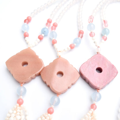 Square Ruyi 如意 Jade Pendant Necklace - Pink Stone