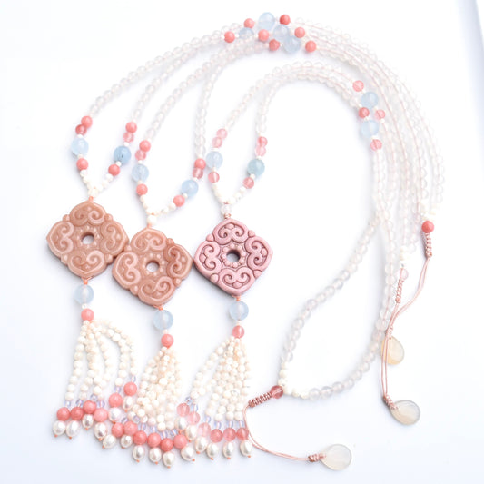 Square Ruyi 如意 Jade Pendant Necklace - Pink Stone