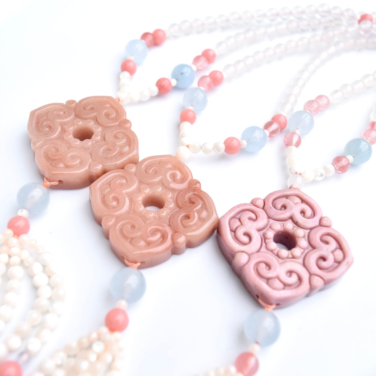Square Ruyi 如意 Jade Pendant Necklace - Pink Stone