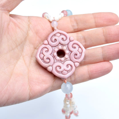 Square Ruyi 如意 Jade Pendant Necklace - Pink Stone