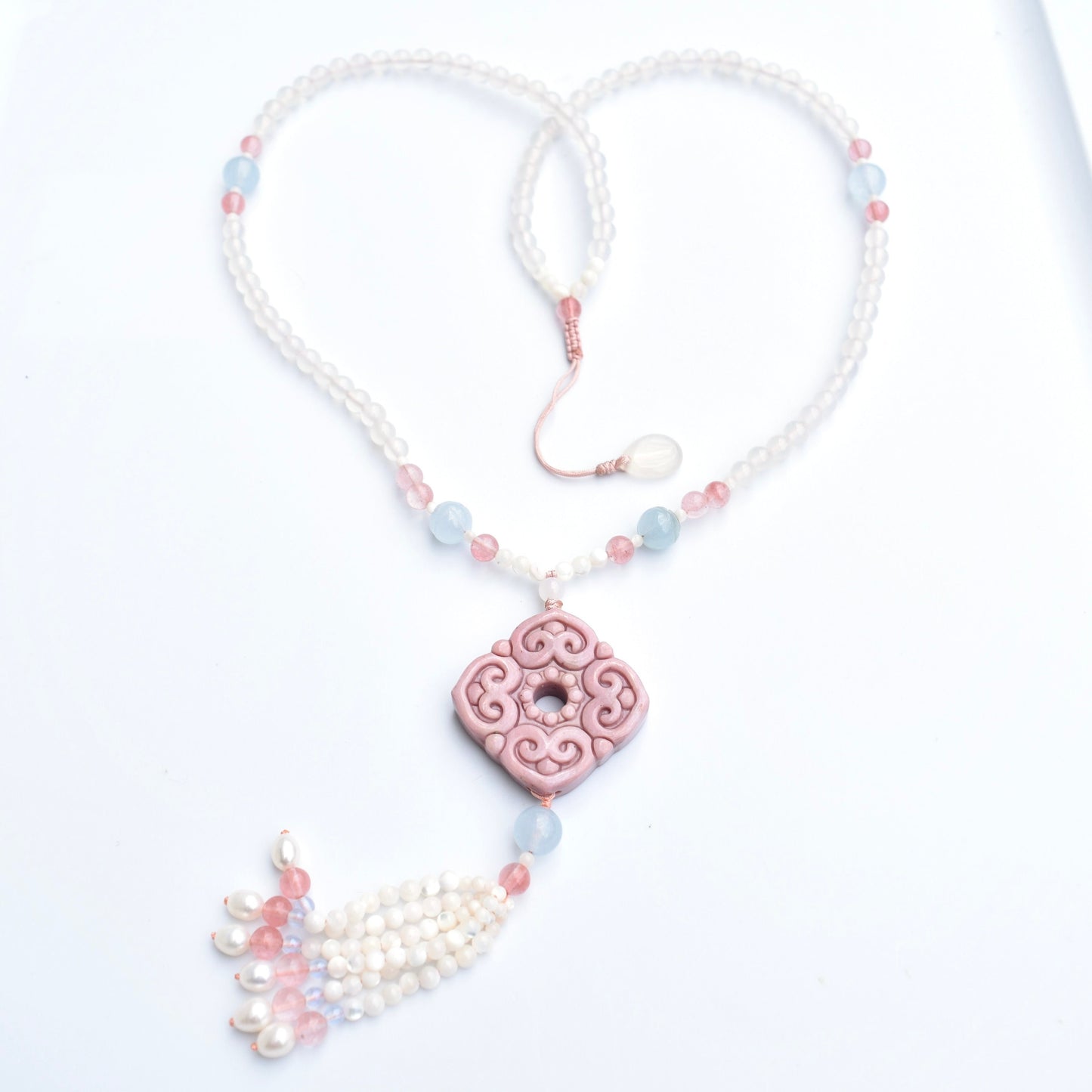 Square Ruyi 如意 Jade Pendant Necklace - Pink Stone
