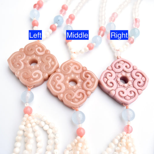 Square Ruyi 如意 Jade Pendant Necklace - Pink Stone