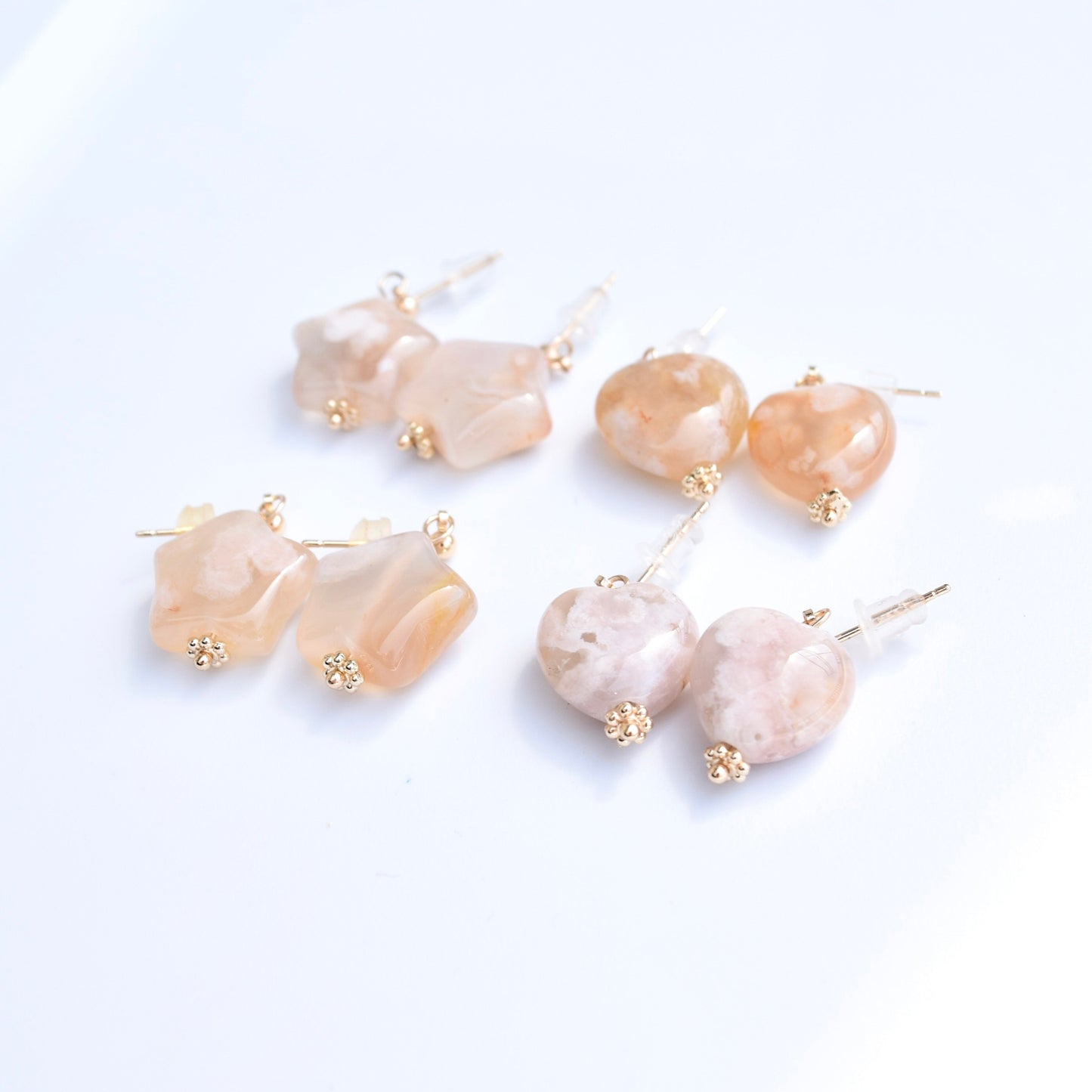 Heart Star Stud Earrings - Natural Sakura Agate Charm 櫻花瑪瑙