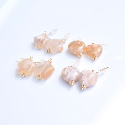 Heart Star Stud Earrings - Natural Sakura Agate Charm 櫻花瑪瑙