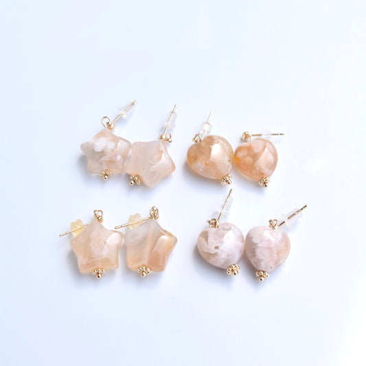 Heart Star Stud Earrings - Natural Sakura Agate Charm 櫻花瑪瑙