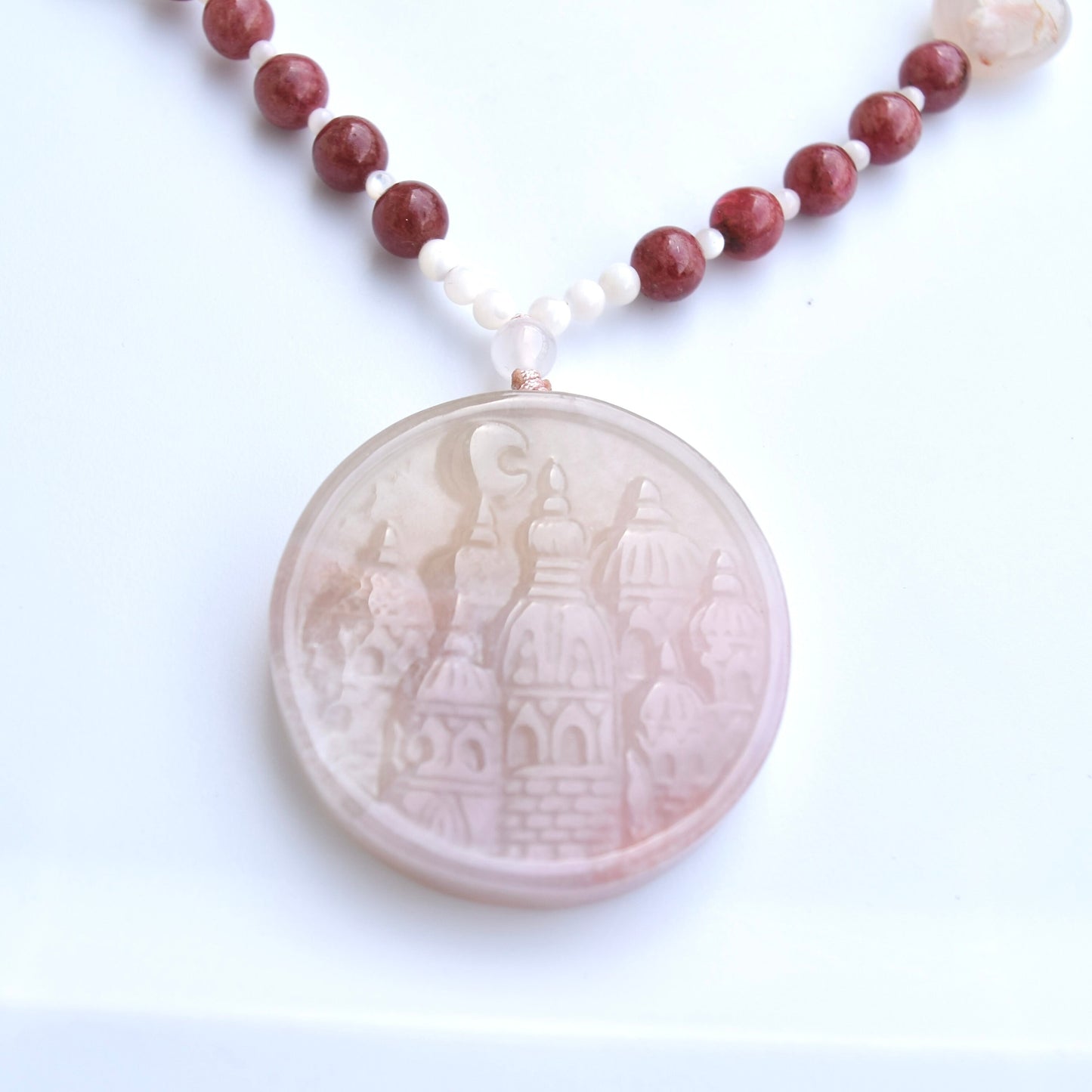 White Sakura Agate Castle Pendant Red Necklace - Long Necklace