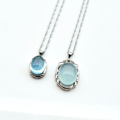 Aquamarine Oval Cabochon Pendant Necklace - Silver Tone