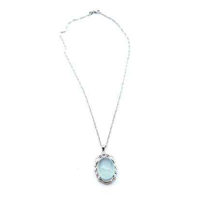 Aquamarine Oval Cabochon Pendant Necklace - Silver Tone