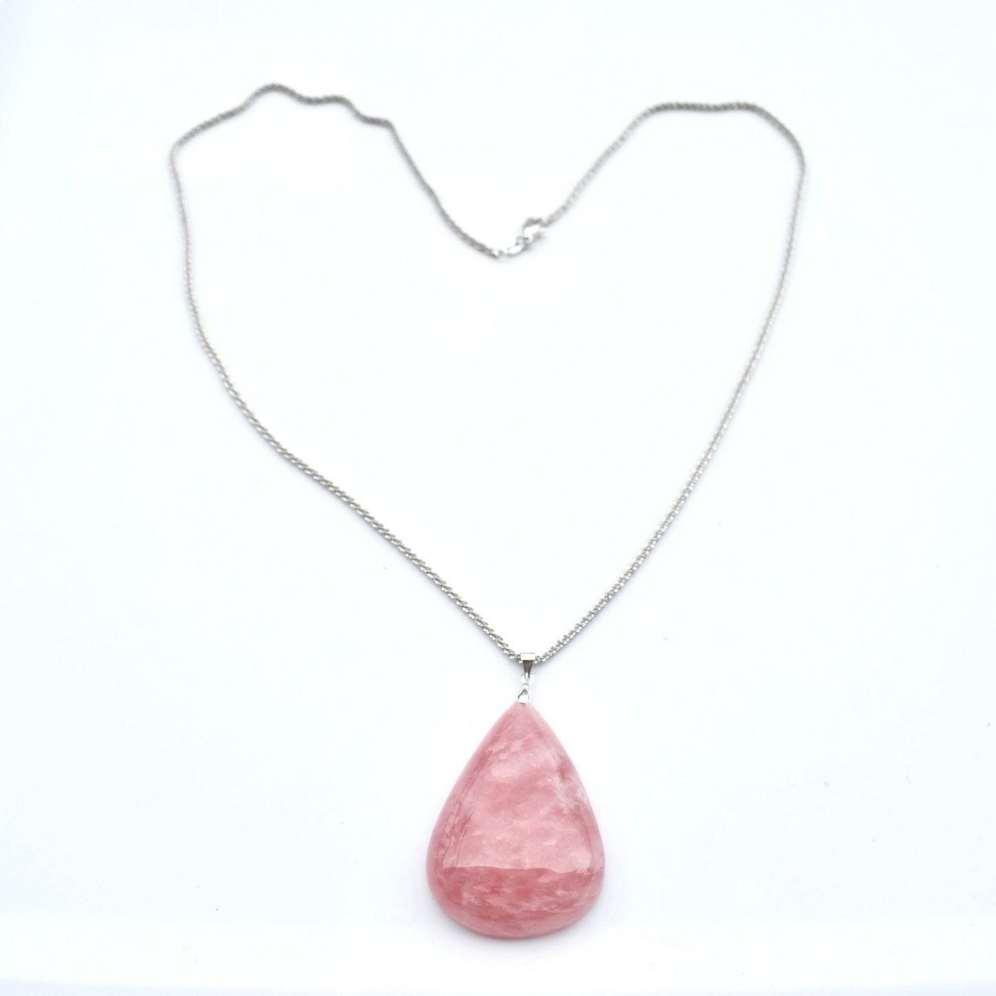 Rose Quartz Teardrop Necklace- Pink Crystal - Stainless Steel Long Chain