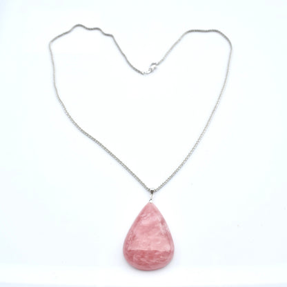 Rose Quartz Teardrop Necklace- Pink Crystal - Stainless Steel Long Chain
