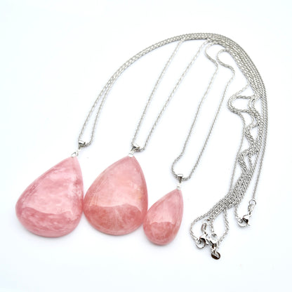 Rose Quartz Teardrop Necklace- Pink Crystal - Stainless Steel Long Chain