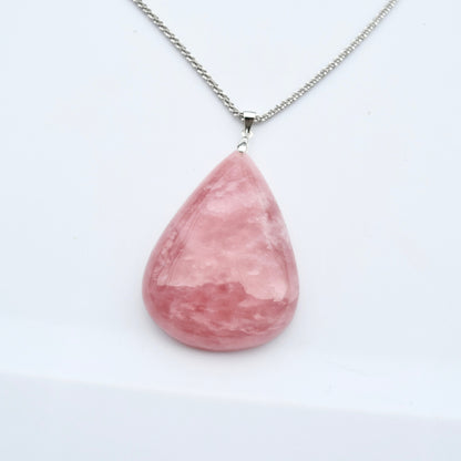 Rose Quartz Teardrop Necklace- Pink Crystal - Stainless Steel Long Chain