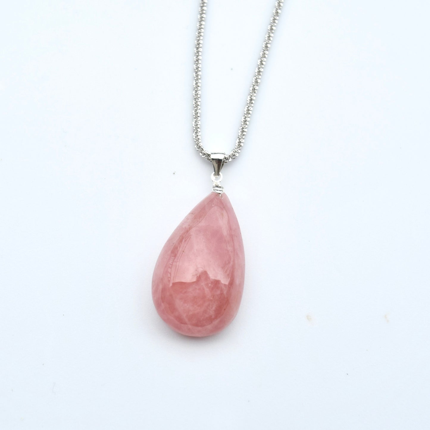 Rose Quartz Teardrop Necklace- Pink Crystal - Stainless Steel Long Chain
