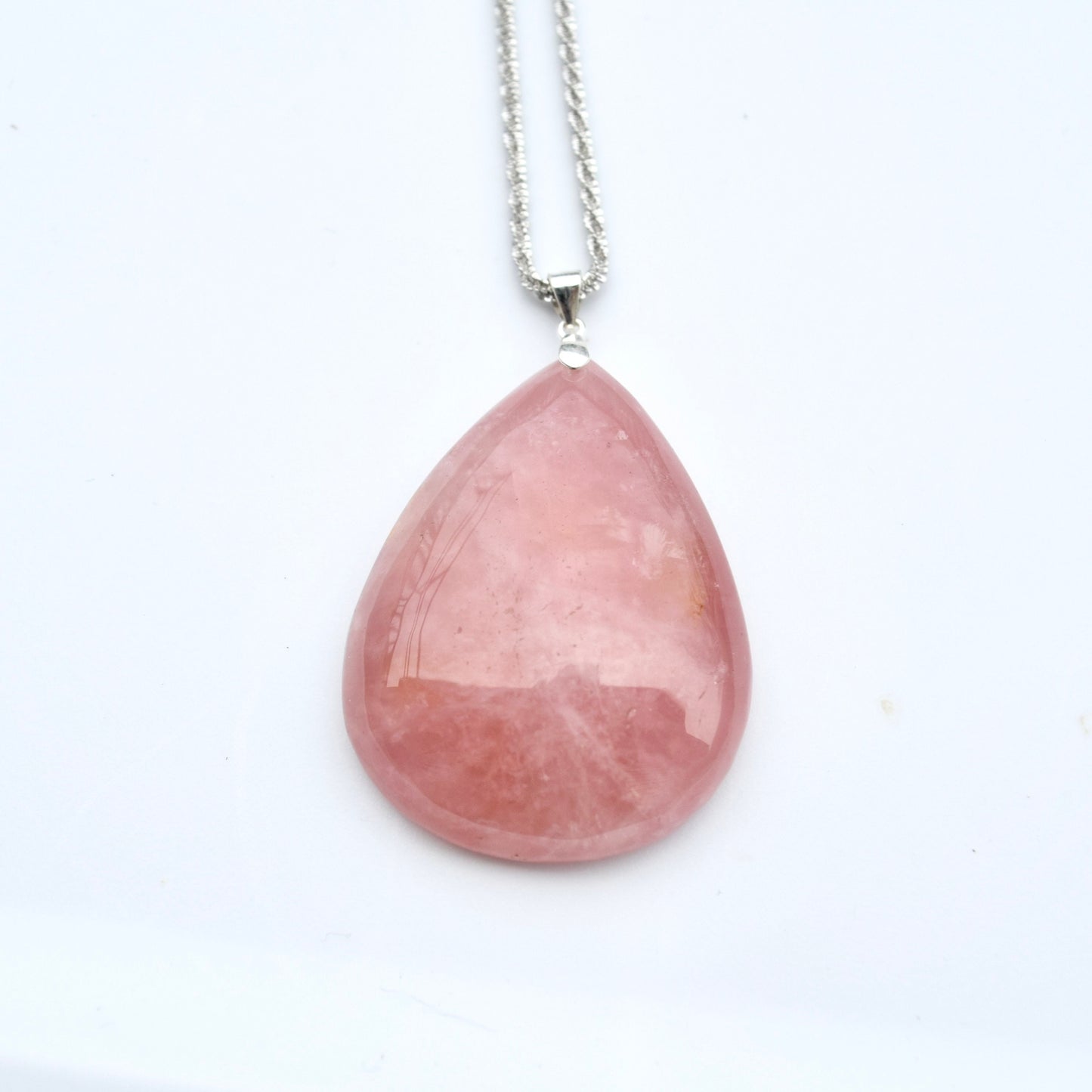 Rose Quartz Teardrop Necklace- Pink Crystal - Stainless Steel Long Chain