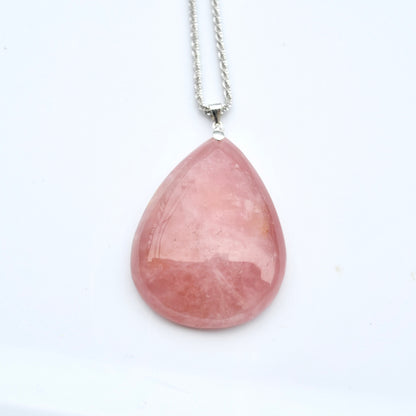 Rose Quartz Teardrop Necklace- Pink Crystal - Stainless Steel Long Chain
