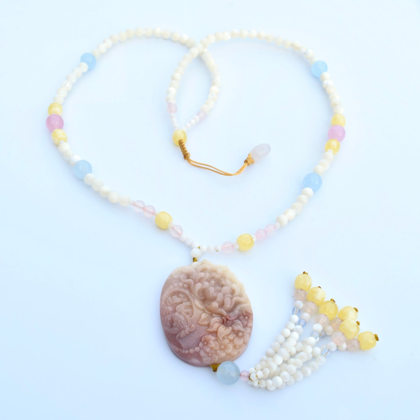 Orange Jade Butterfly Pendant Shell Necklace - Pink Aventurine - Long Necklace