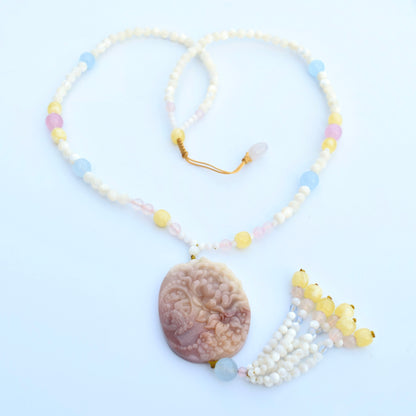 Orange Jade Butterfly Pendant Shell Necklace - Pink Aventurine - Long Necklace