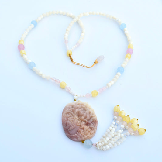 Orange Jade Butterfly Pendant Shell Necklace - Pink Aventurine - Long Necklace