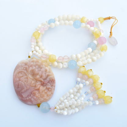 Orange Jade Butterfly Pendant Shell Necklace - Pink Aventurine - Long Necklace