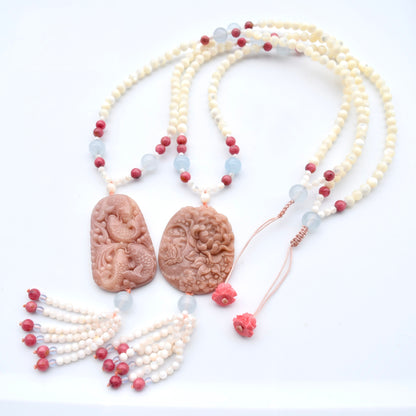 Peony Butterfly Jade Pendant Shell Necklace - Pink Stone