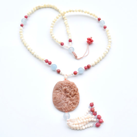 Peony Butterfly Jade Pendant Shell Necklace - Pink Stone