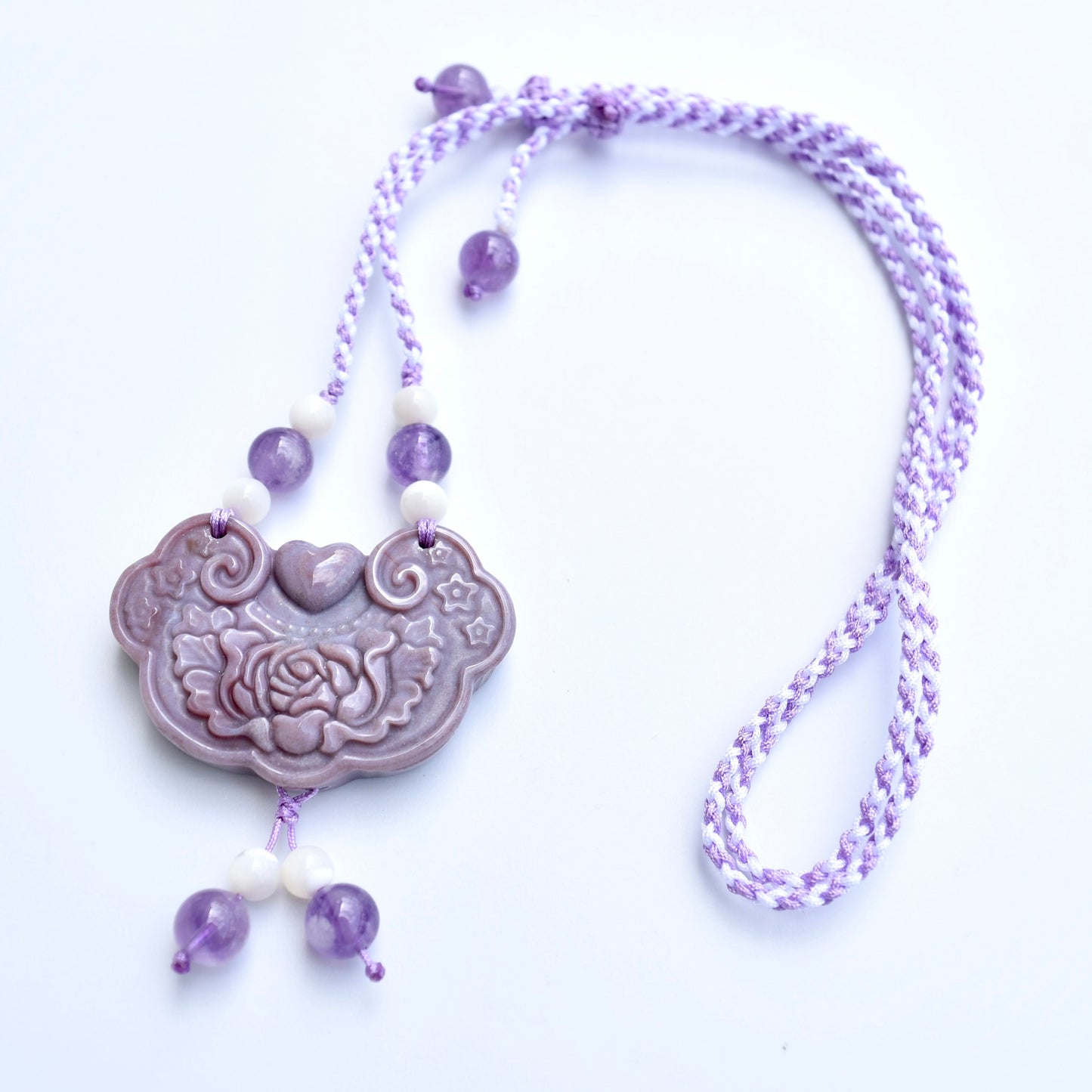 Colorful Peony Lock Pendant Rope Necklace - Quartz Jade Crystal Pendant