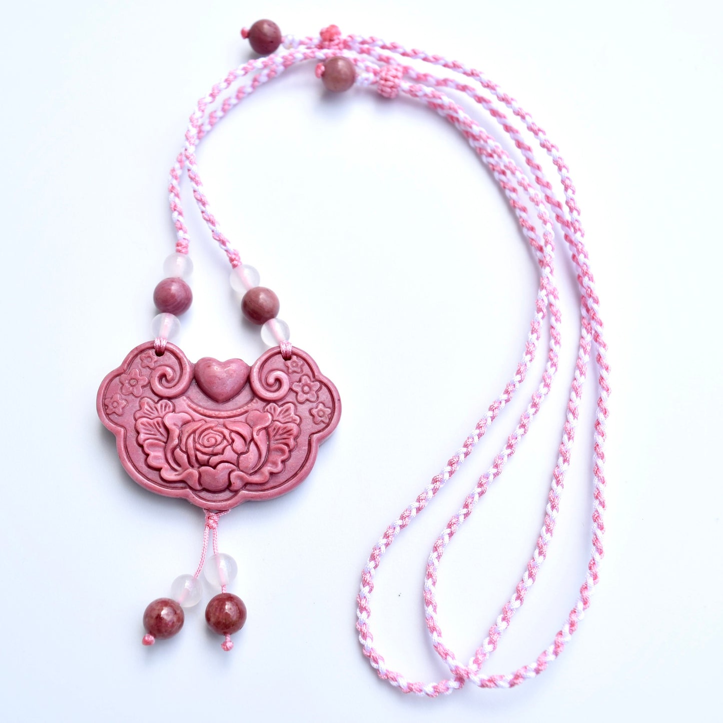 Colorful Peony Lock Pendant Rope Necklace - Quartz Jade Crystal Pendant