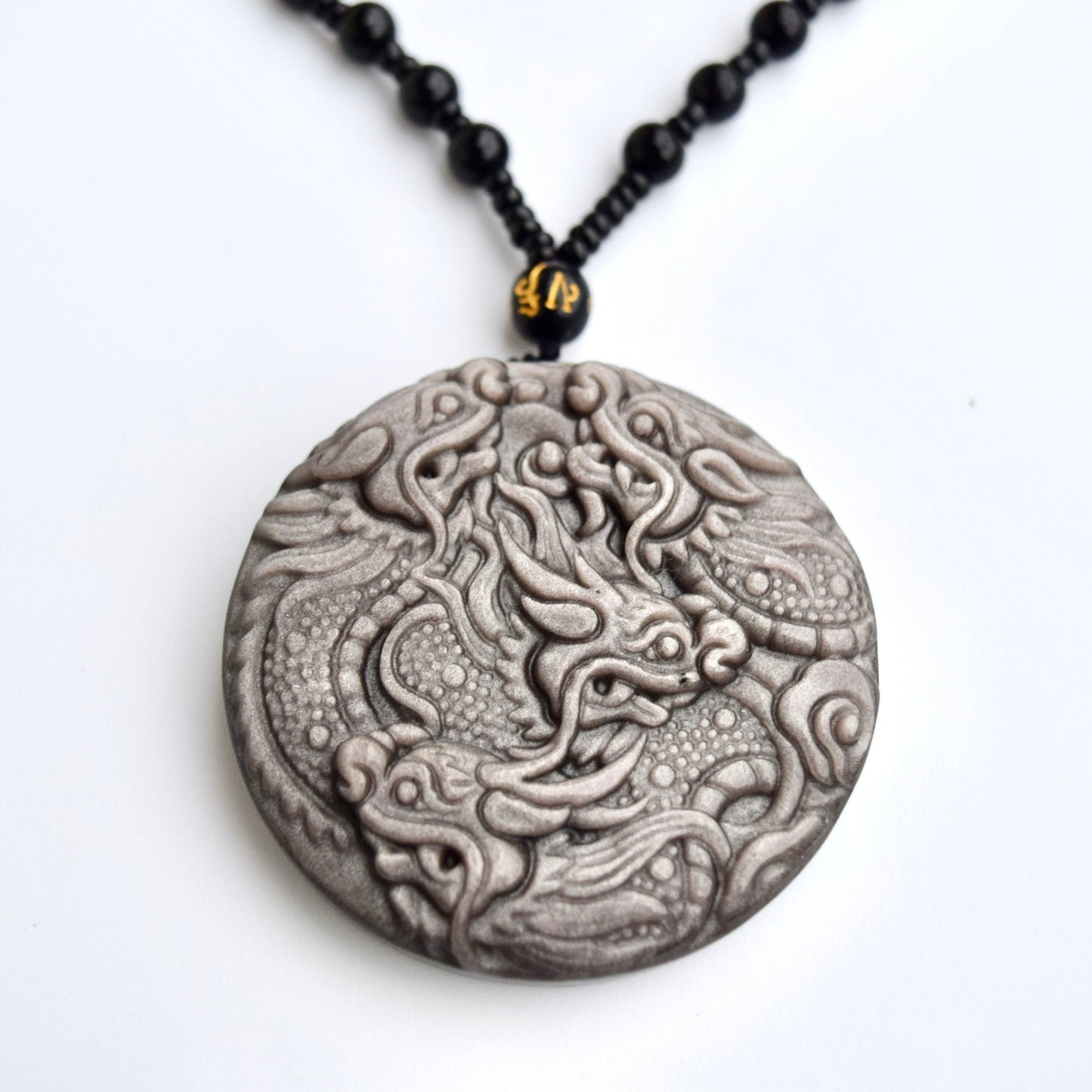 Silver Obsidian Dragon Pendant Necklace - Chinese Zodiac Beaded Necklace