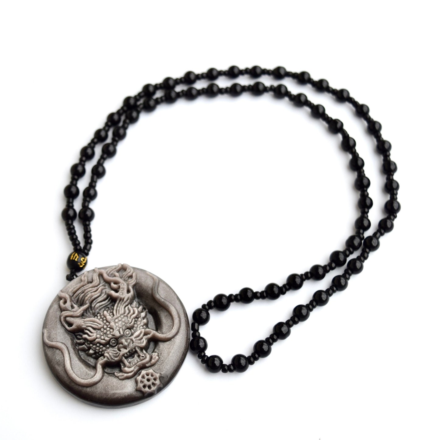 Silver Obsidian Dragon Pendant Necklace - Chinese Zodiac Beaded Necklace