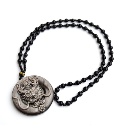 Silver Obsidian Dragon Pendant Necklace - Chinese Zodiac Beaded Necklace