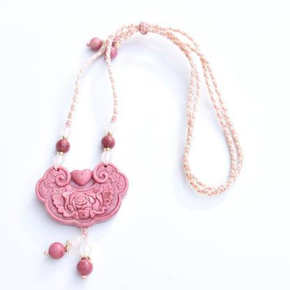 Colorful Peony Lock Pendant Rope Necklace - Quartz Jade Crystal Pendant