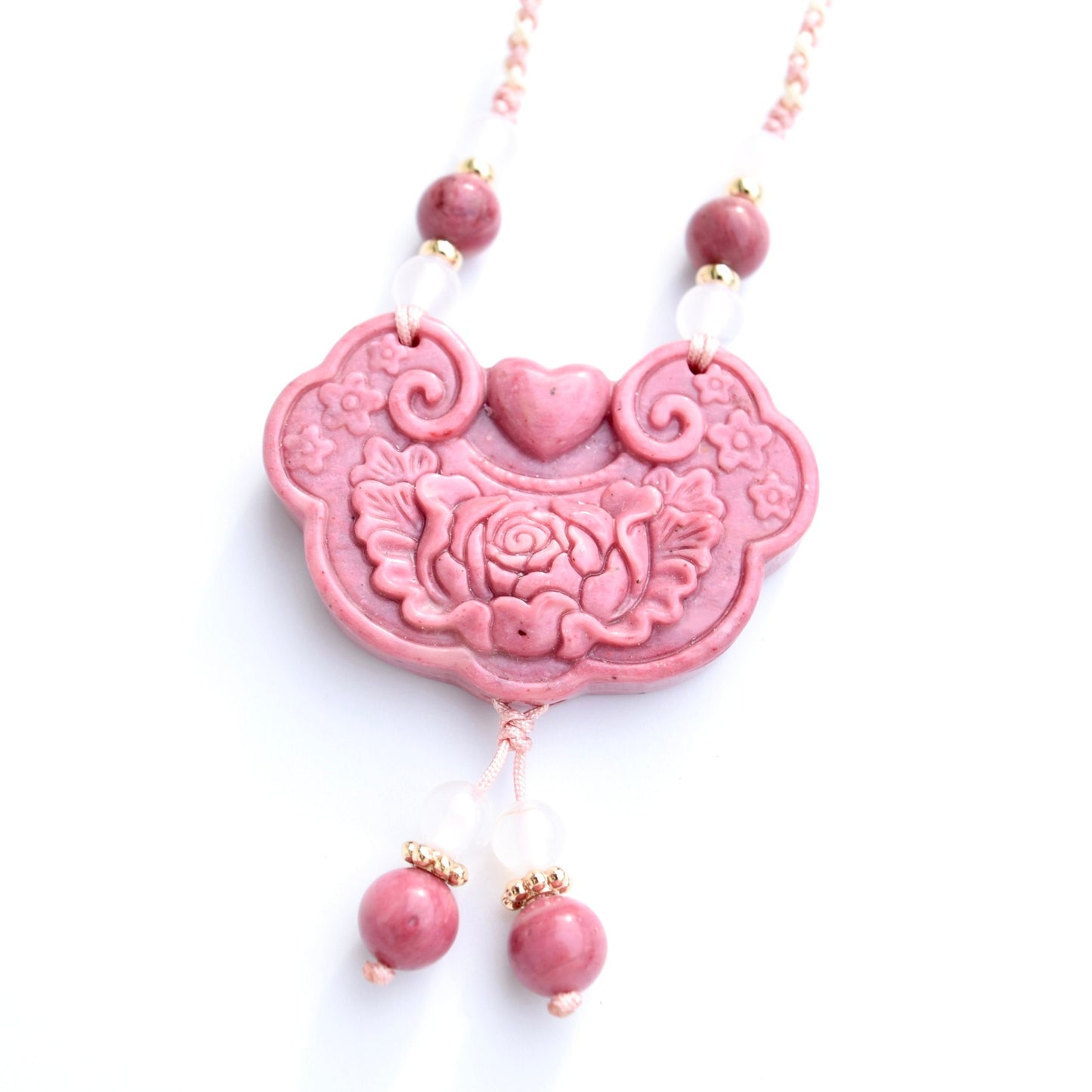 Colorful Peony Lock Pendant Rope Necklace - Quartz Jade Crystal Pendant