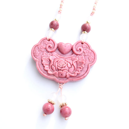 Colorful Peony Lock Pendant Rope Necklace - Quartz Jade Crystal Pendant