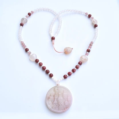 White Sakura Agate Castle Pendant Red Necklace - Long Necklace