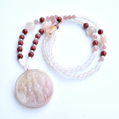 White Sakura Agate Castle Pendant Red Necklace - Long Necklace