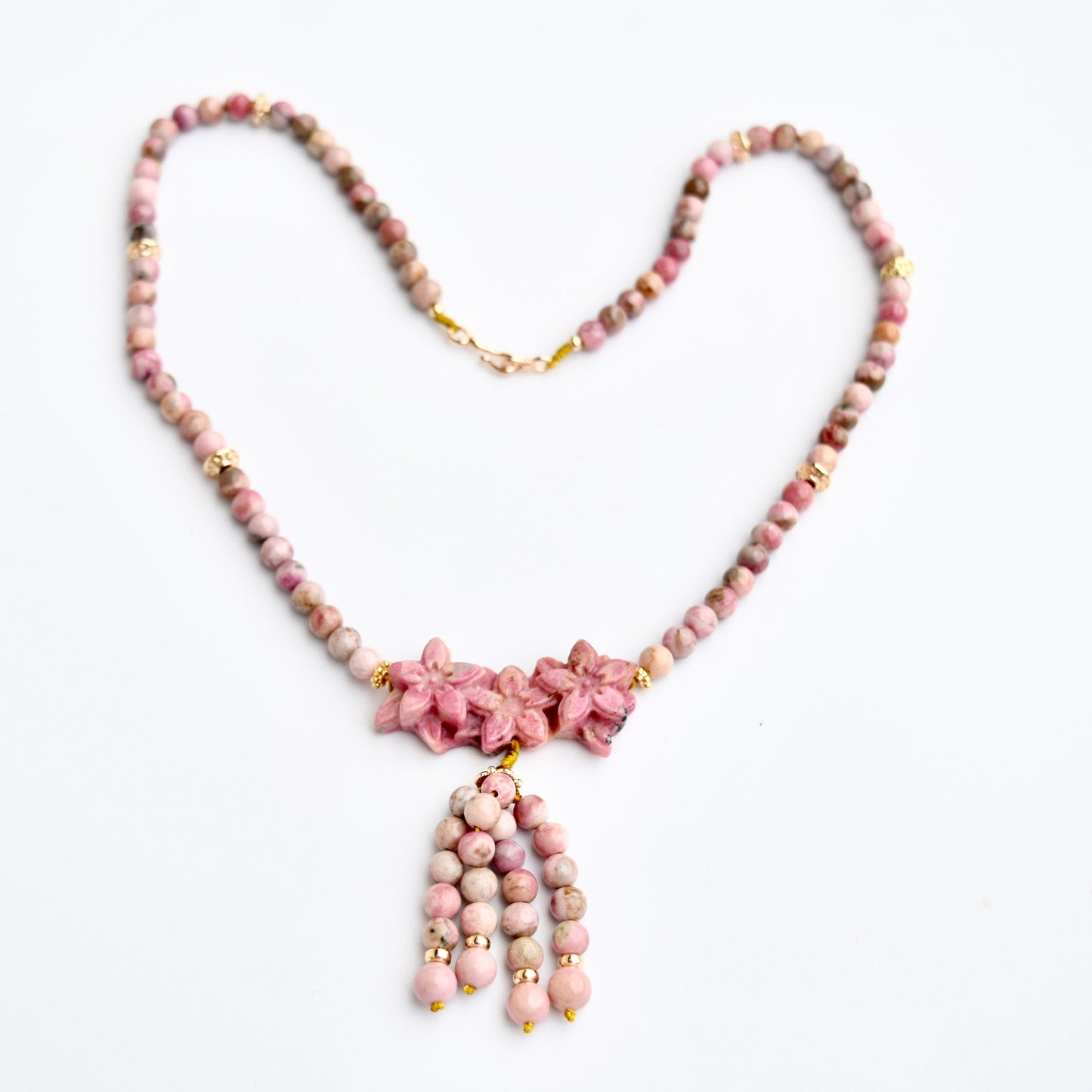 Pink 3 Flower Pendant Necklace - Rhodonite Beaded Necklace