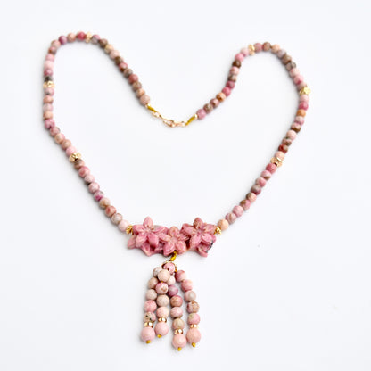 Pink 3 Flower Pendant Necklace - Rhodonite Beaded Necklace