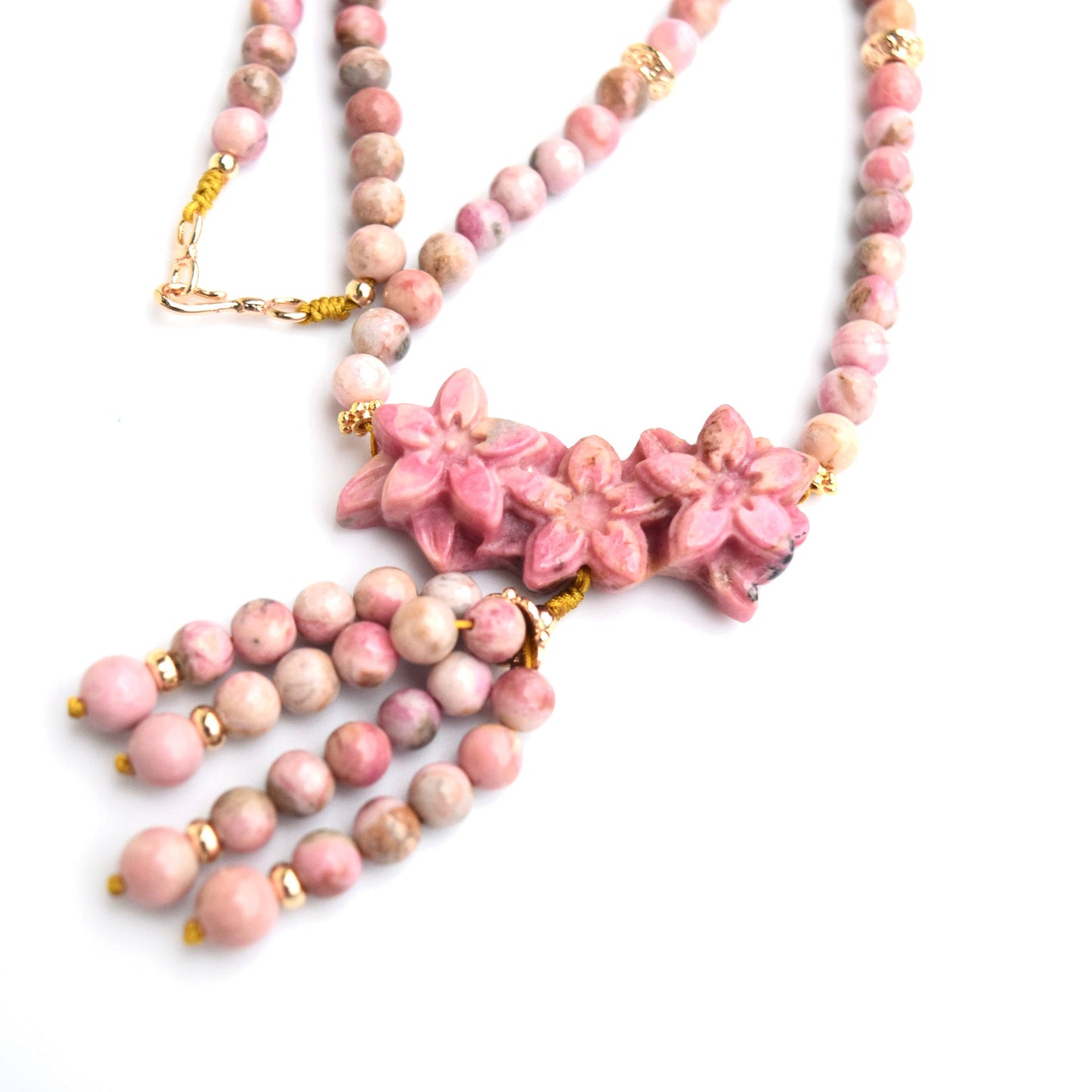 Pink 3 Flower Pendant Necklace - Rhodonite Beaded Necklace
