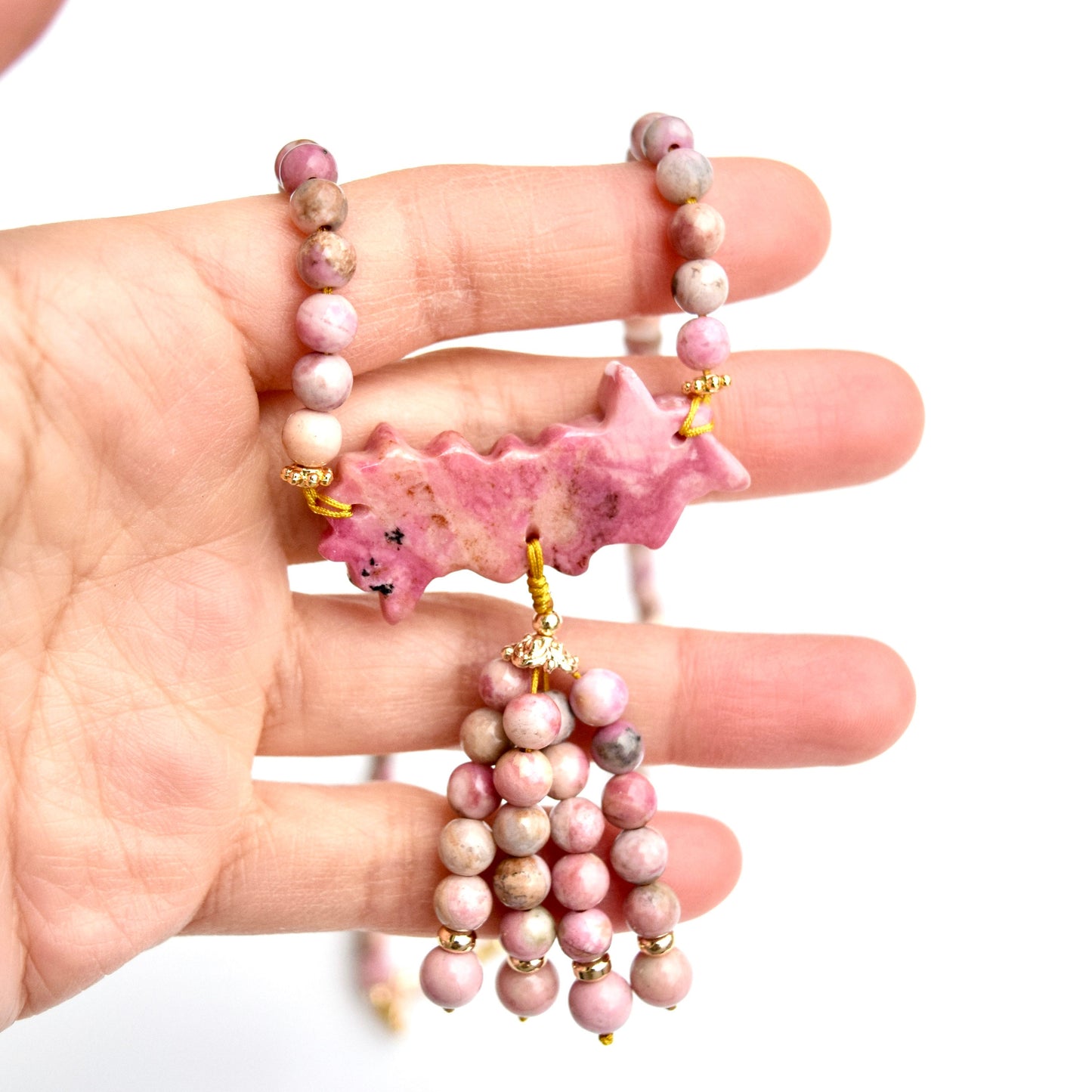 Pink 3 Flower Pendant Necklace - Rhodonite Beaded Necklace