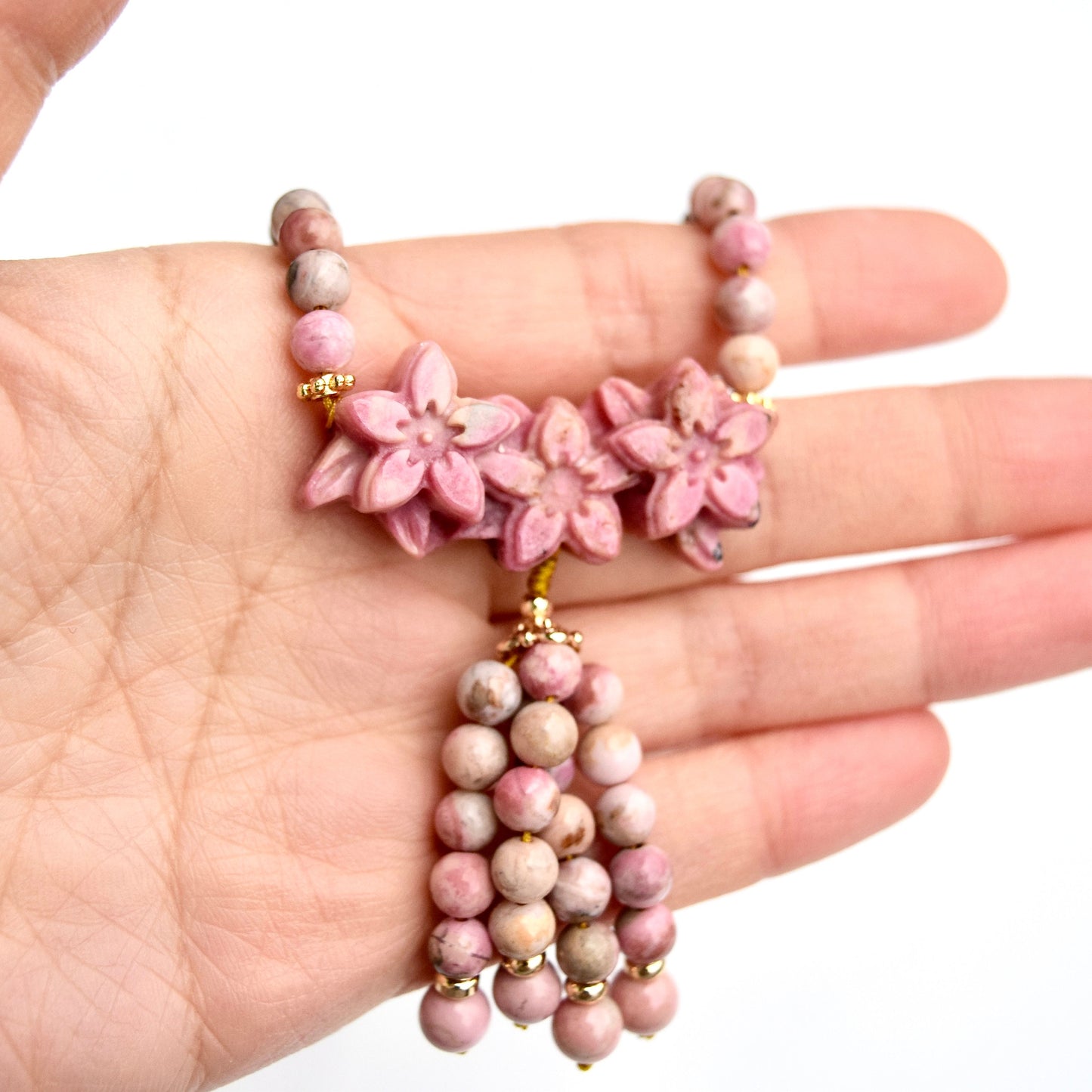 Pink 3 Flower Pendant Necklace - Rhodonite Beaded Necklace