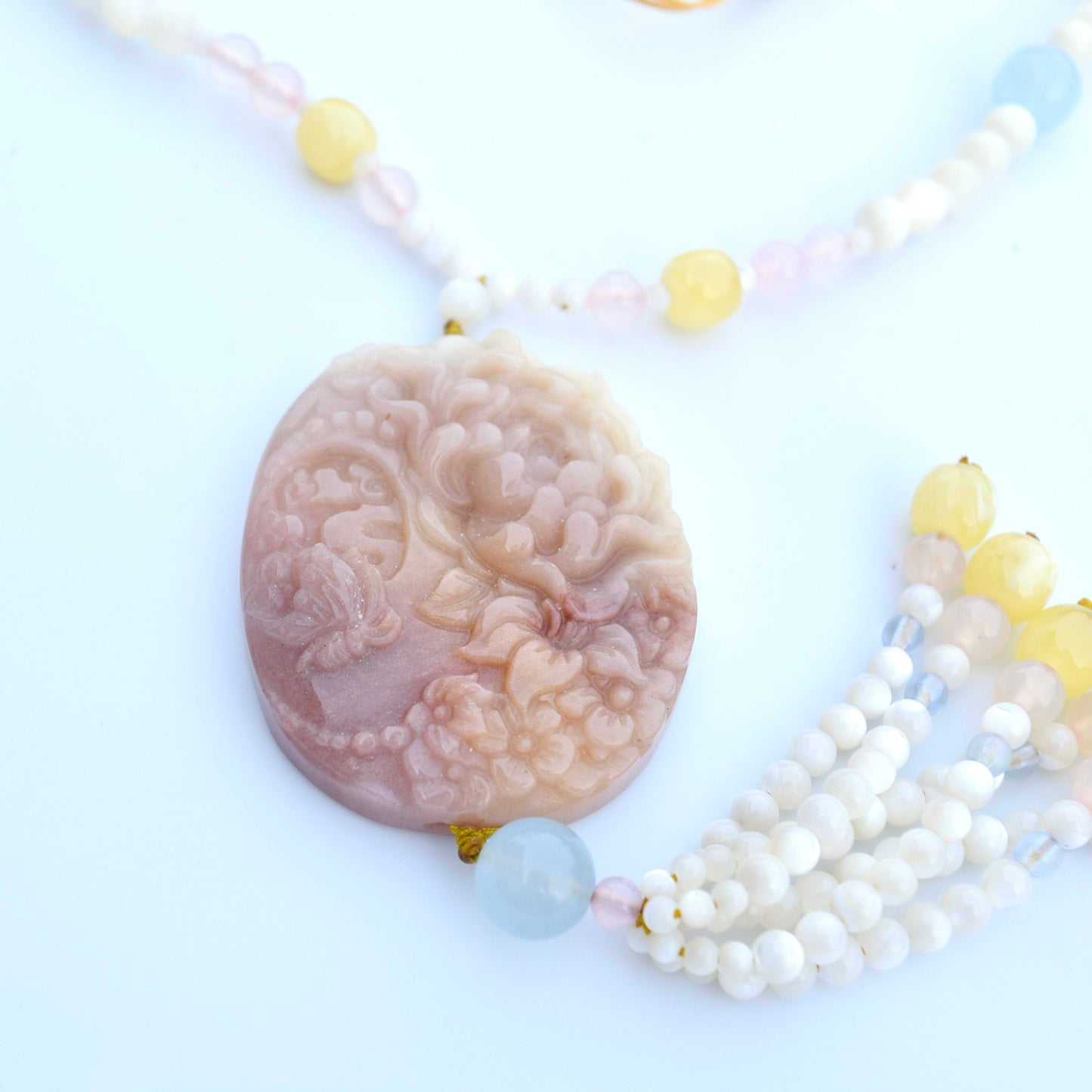 Orange Jade Butterfly Pendant Shell Necklace - Pink Aventurine - Long Necklace